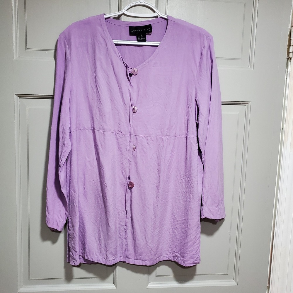 August Silk Tunic Top L 100% Silk Light Purple Side Slits Lightweight Minimalist